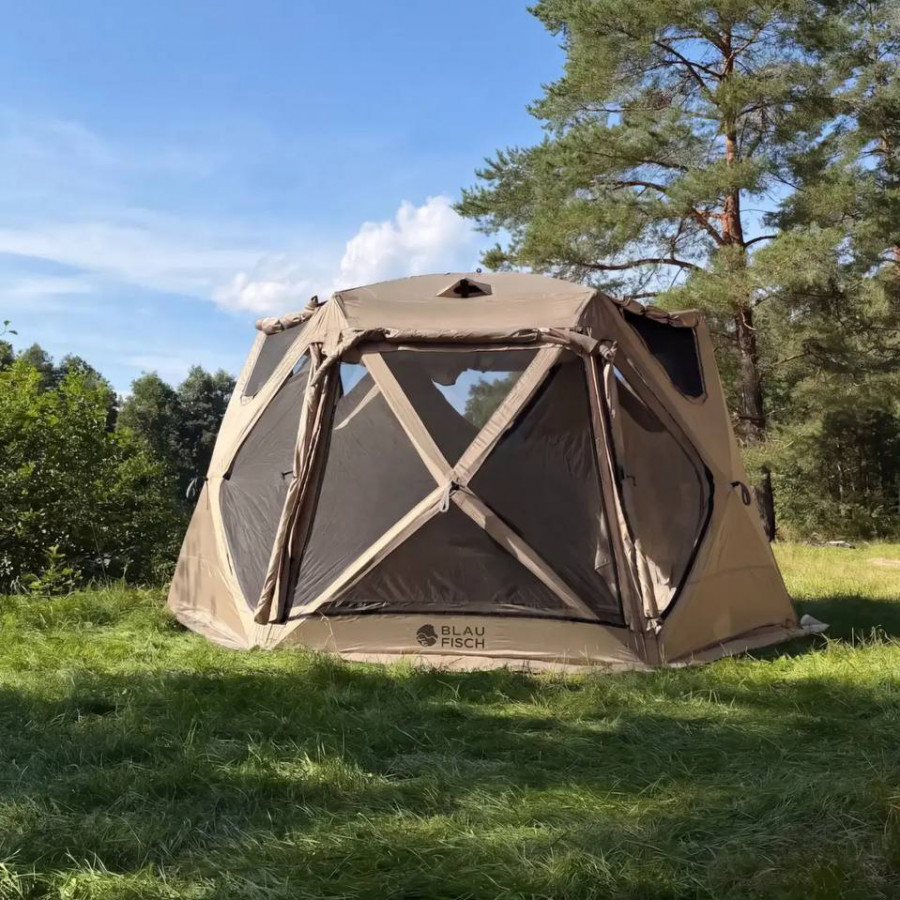 Двухслойная шестигранная палатка ТОПОЛЬ-360 с панорамным окном (цвет: бежевый)